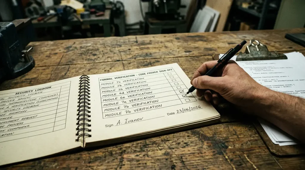 Handwritten security logbook showing formal code verification and smart contract auditing checks.