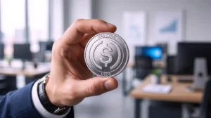 Professional hand holding shiny physical Circle USD Coin in modern corporate office workspace