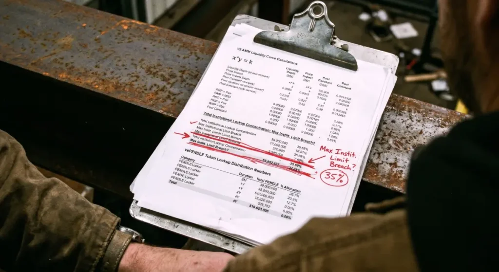Printed forensic audit document on clipboard highlighting 35% vePENDLE institutional lockup limit breach and V2 AMM liquidity curve calculations.