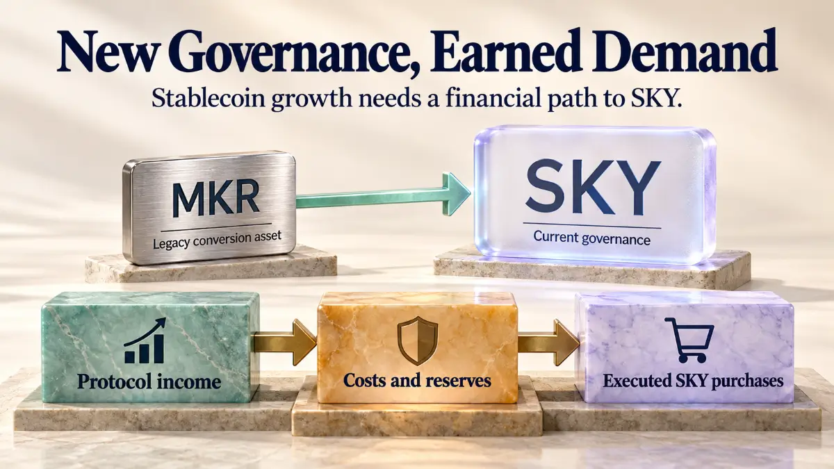 Maker Review showing MKR migration to SKY and the financial path behind token purchases