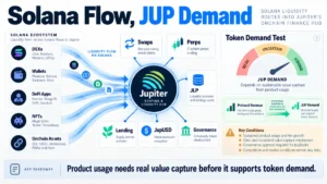Jupiter (JUP) Review infographic showing Solana liquidity routes, protocol revenue, buybacks, and JUP demand test