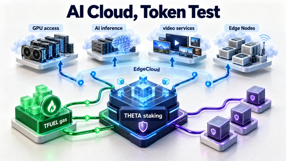 Theta Network review infographic showing EdgeCloud, TFUEL gas, THETA staking, GPU access, AI inference, video services, and Edge Nodes