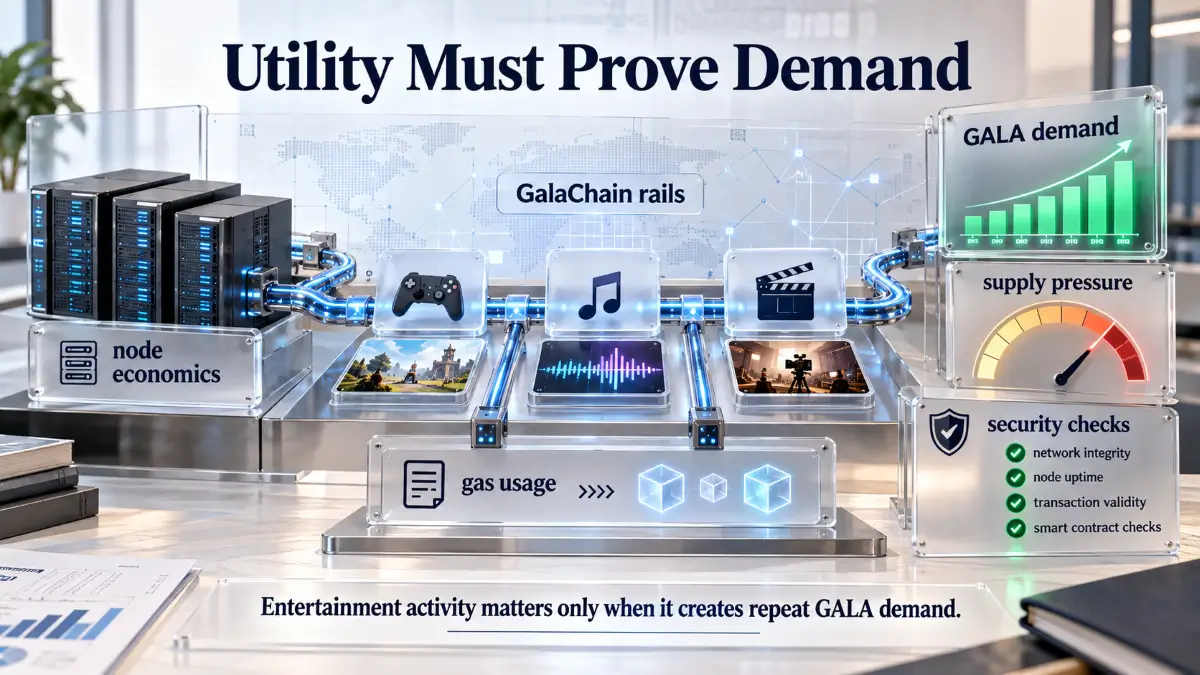 Gala Review infographic showing GalaChain rails, node economics and GALA demand signals
