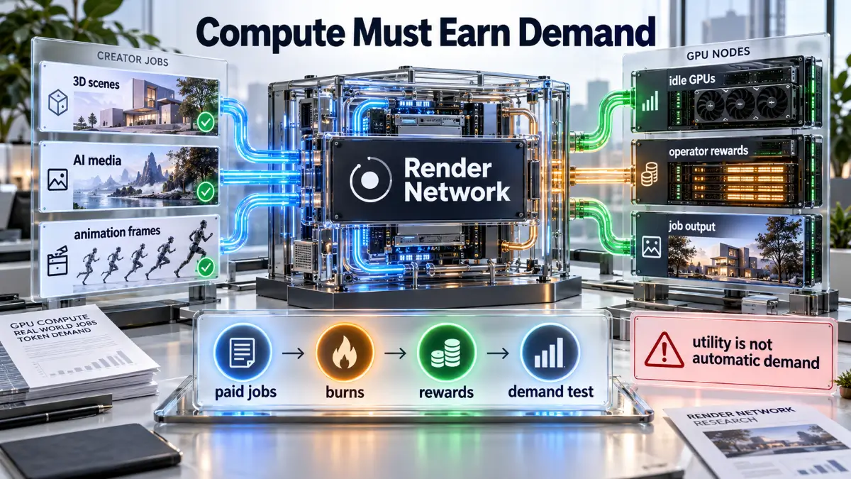 Render Network Review infographic showing GPU demand, paid jobs and token value path