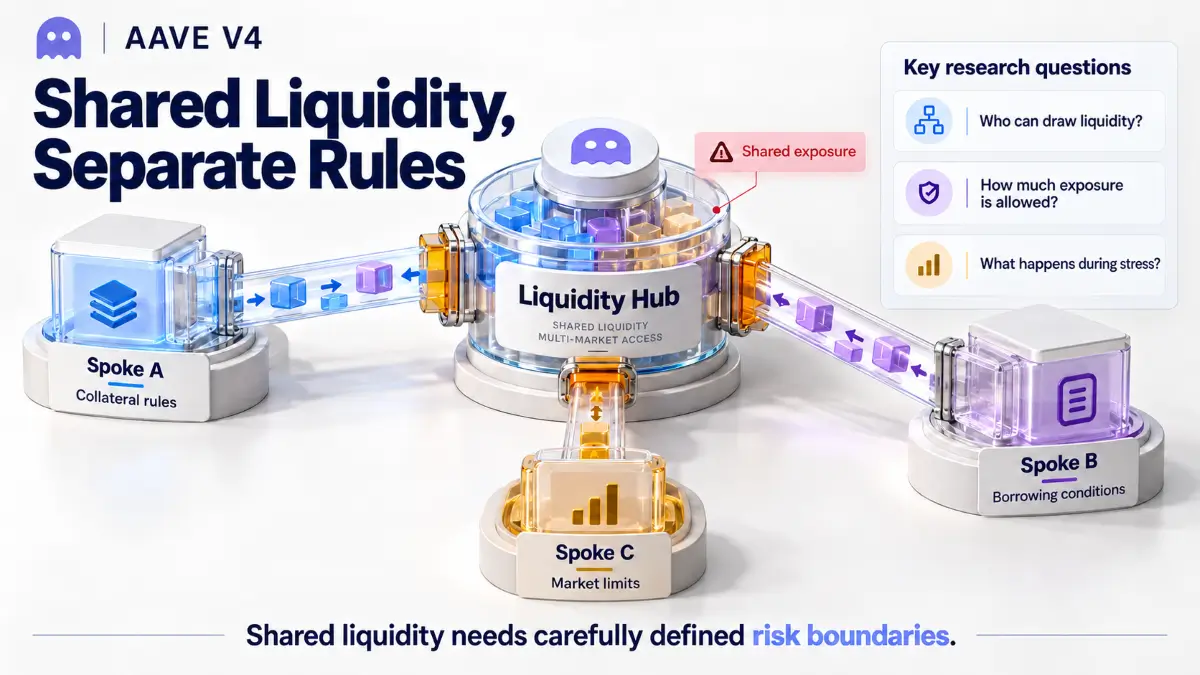 Aave Review showing a liquidity Hub, three Spokes and exposure limits