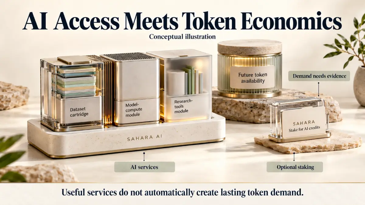 Sahara AI review illustration showing AI services, optional staking and future token supply