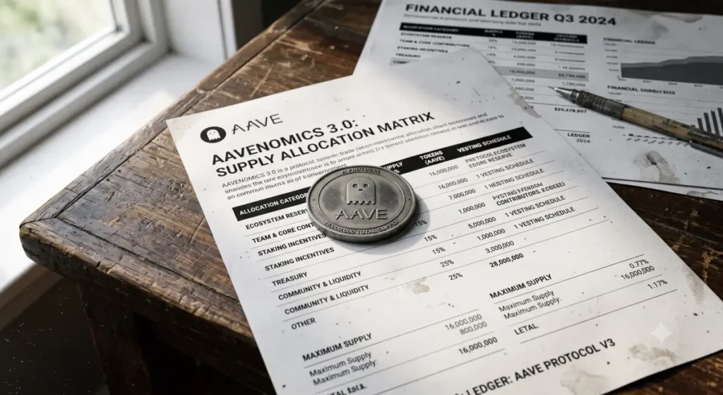 Physical ledger documents showing token allocation and supply limits for the Aave V4 upgrade.