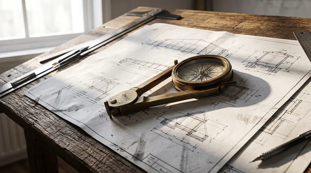 Vintage brass navigation compass pinned into thick structural blueprint papers on a wooden drafting table.