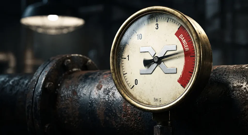 Mechanical pressure gauge hovering in the danger zone with Synthetix SNX logo on dial representing staking liquidation risk
