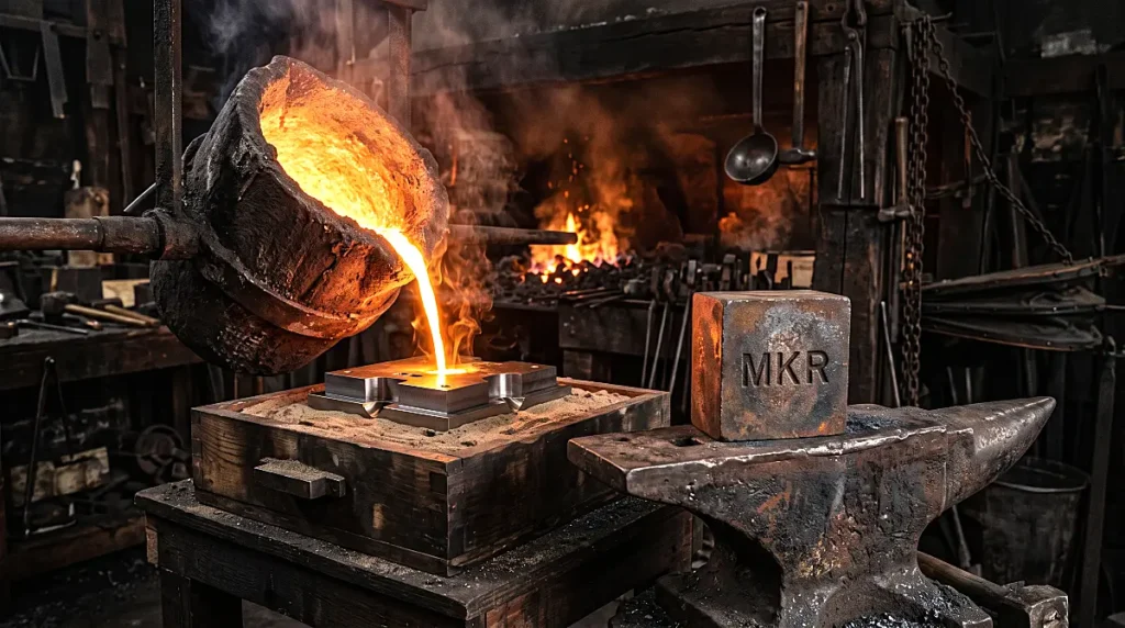 Molten metal pouring from an iron crucible into a new tungsten mold on a blacksmith anvil.