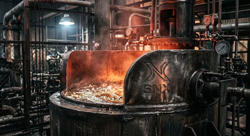 Industrial molten steel reactor with SNX logo symbolizing Synthetix pooled collateral liquidity engine .