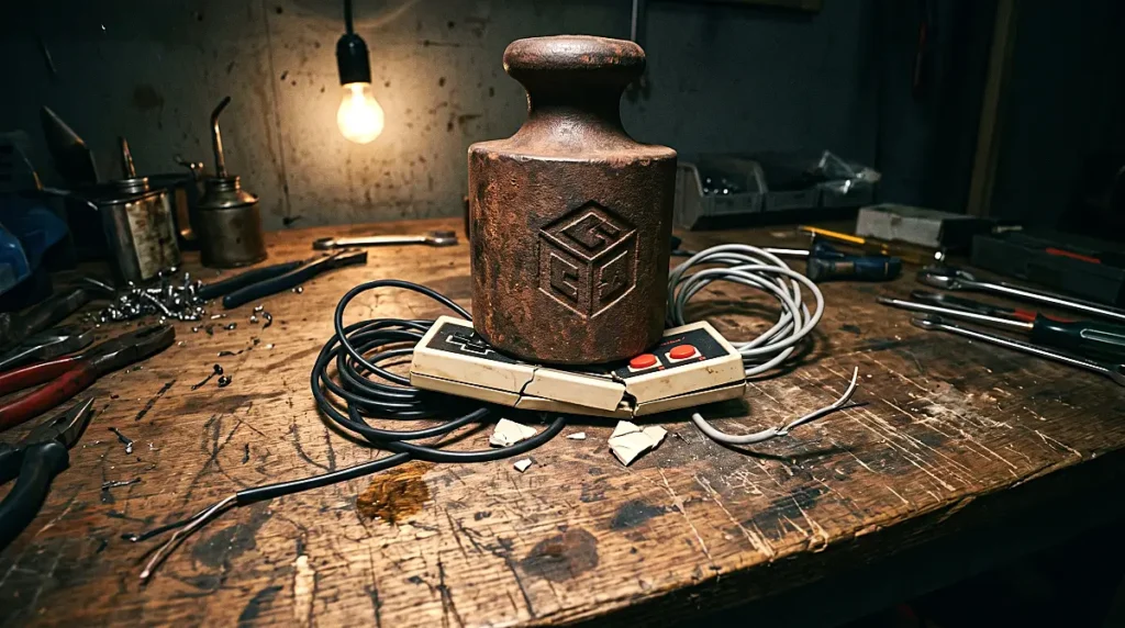 Small cracked vintage game controller being crushed by a massive rusted iron calibration weight on a workbench, reflecting the heavy network node pressure, moody lighting.