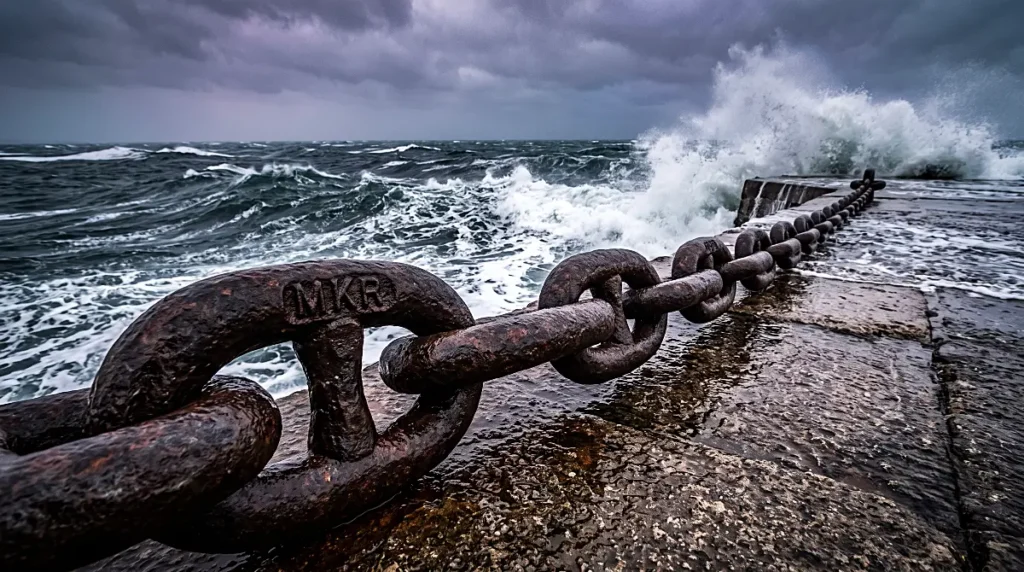 Massive weathered iron anchor chain pulled taut against turbulent ocean waves on a concrete pier.