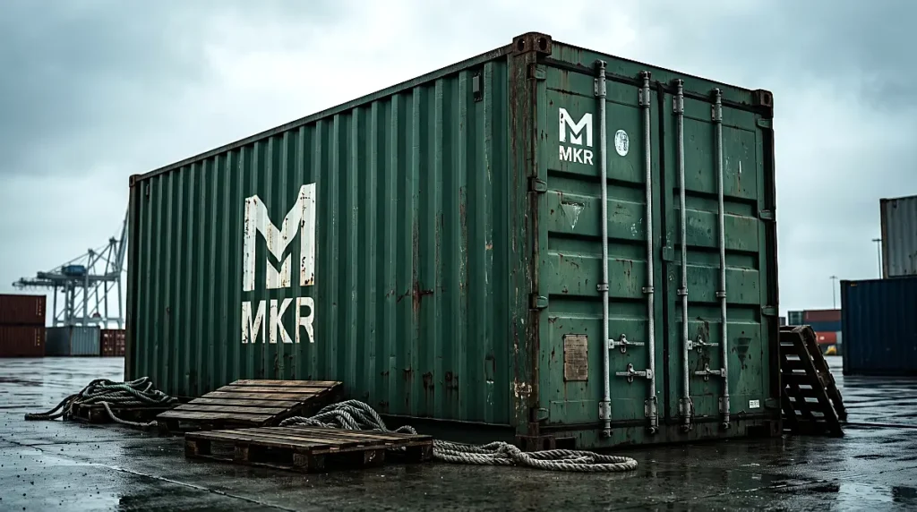 Heavy duty corrugated steel shipping container resting on a rain-slicked industrial port dock.