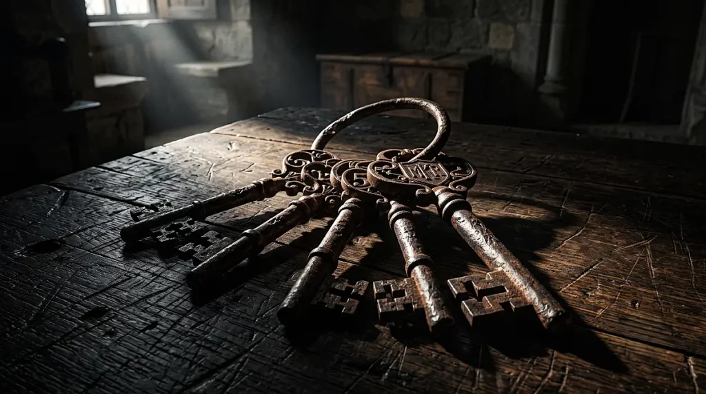 Five massive antique iron master keys attached to a heavy keyring resting on a scarred wooden table.