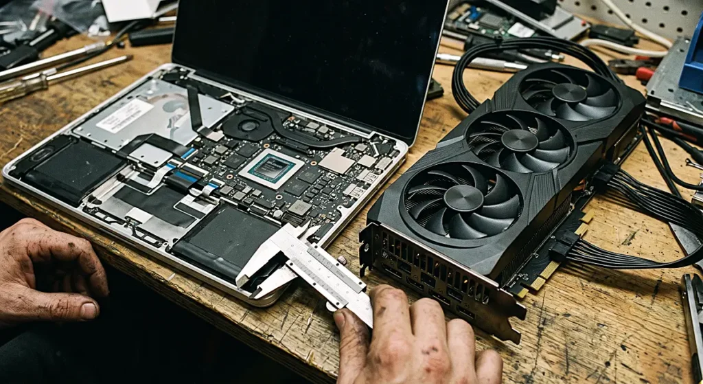 Dismantled laptop exposing M-series processor chip placed next to heavy enterprise graphics card and metal engineering calipers.