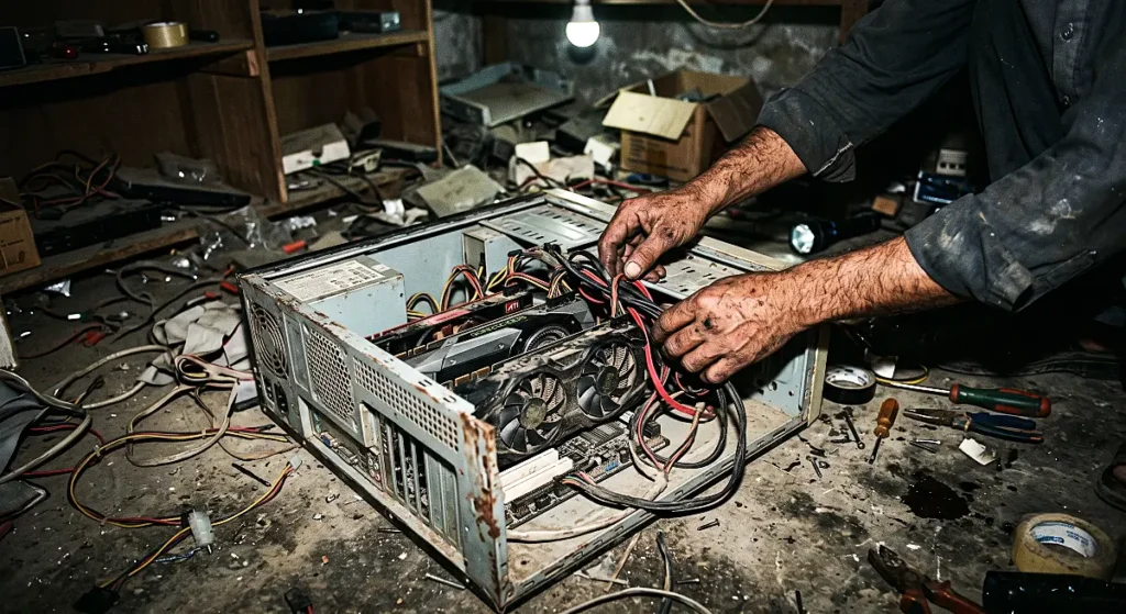 Several used consumer graphics cards hooked up with messy power cables lying on a dusty floor to act as an edge node.
