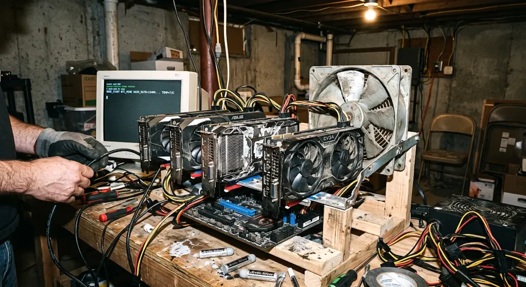 Makeshift Render Network node operator hardware setup featuring exposed motherboard, multiple consumer-grade graphics cards, and industrial cooling fan.
