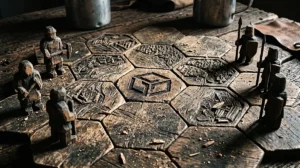 Weathered wooden game tiles forming an isometric grid map on a rustic wooden table, capturing the core data analysis of this Gala Crypto Audit, raw film lighting.