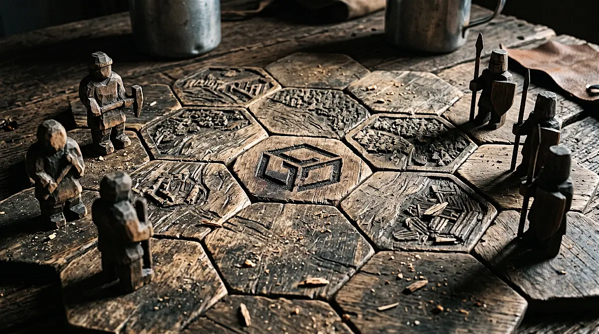 Weathered wooden game tiles forming an isometric grid map on a rustic wooden table, capturing the core data analysis of this Gala Crypto Audit, raw film lighting.
