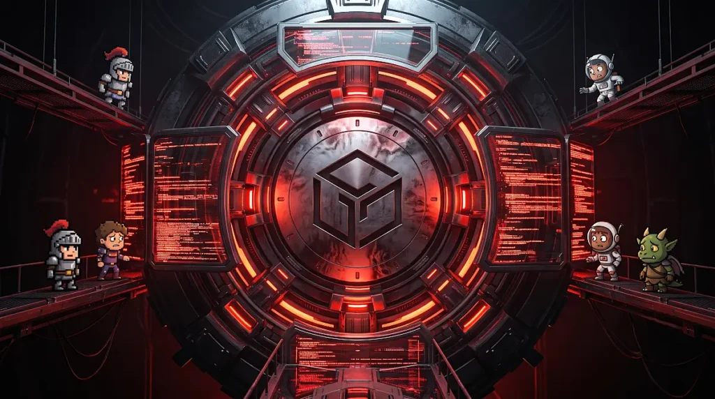 Glowing red warning indicators flash across glass panels of a modern server core strained under heavy pressure. Small stylized game avatars stand on side platforms looking up with concern at the stressed infrastructure, reflecting cautious long-term project outlooks.