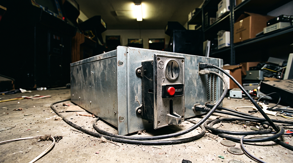 Heavy unpainted steel server box fitted with a vintage arcade coin slot sitting on a dusty concrete floor, representing network gas fees in this Gala Crypto Audit, raw film lighting.