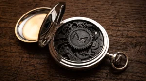 Maker MKR Truth Cryptosmedia engraved on a heavy iron gear inside a disassembled pocket watch.