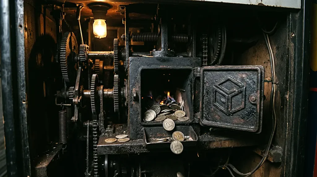 Mechanical iron gears surrounding a small soot-stained incinerator chute inside an old machine, showing the deflationary token burn model, dark shadows.