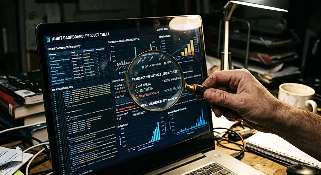 Zooming in on complex on-chain transaction metrics using a magnifying glass against a bright laptop screen.
