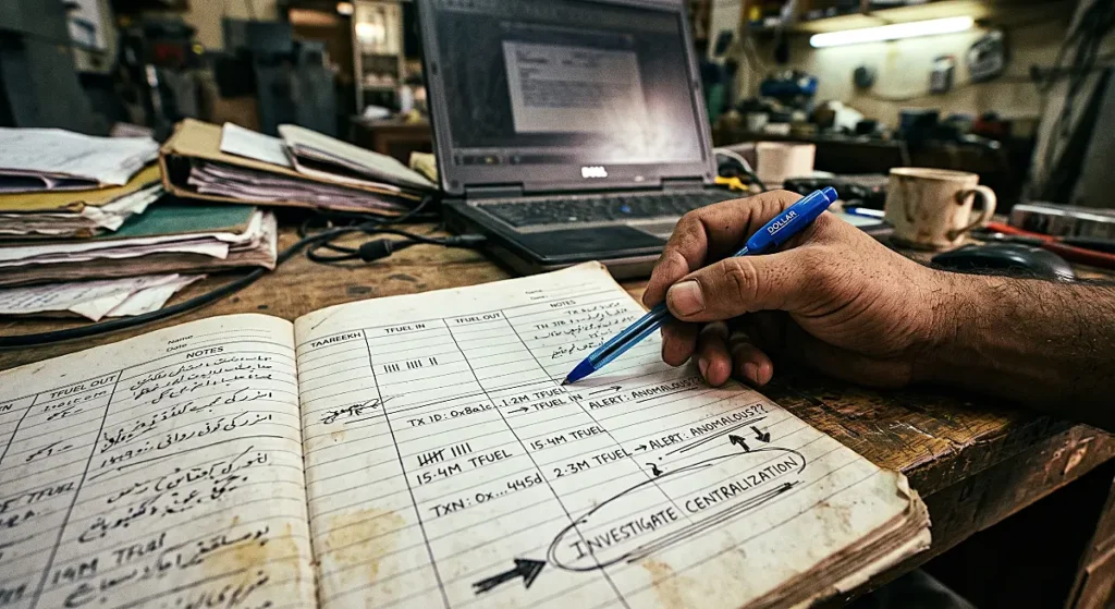 Handwritten ledger in an old notebook showing manual tracking of TFUEL micropayments and off-chain data transfers.