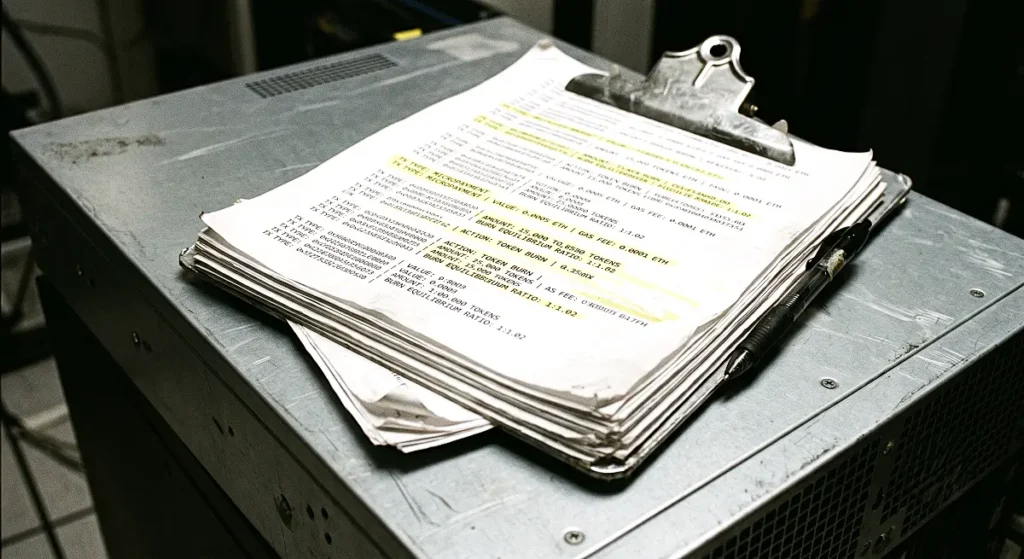 Printed on-chain transaction logs on scratched metal clipboard showing micro-payments and burn equilibrium data highlighted with yellow marker.