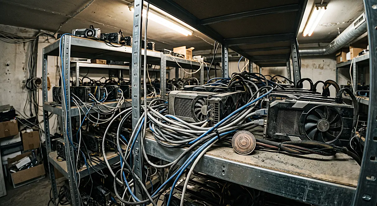 Tarnished Render Network metallic coin resting on dusty industrial server racks featuring exposed graphics processing units and tangled data cables.
