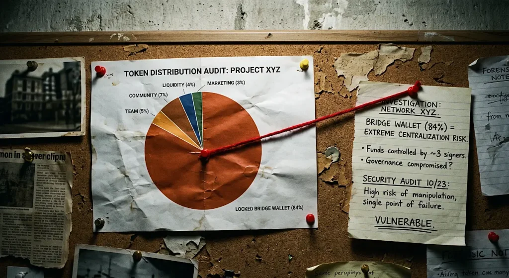 Physical tokenomics pie chart pinned to peeling corkboard with red string connecting 84 percent locked wallet segment to forensic note.