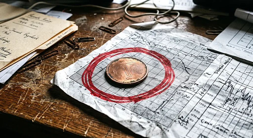 Red marker ink tightly rings a single copper coin resting on top of crumpled technical charts, scattered across a messy wooden desk.