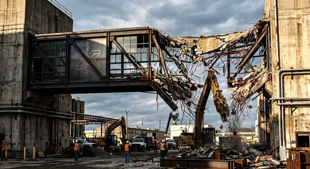 Dismantled industrial bridge with Synthetix logo representing the exit from Layer 2 networks to Ethereum Mainnet .