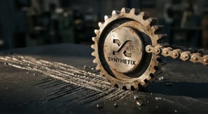Synthetix SNX token logo engraved on an industrial steel gear representing protocol tokenomics shift