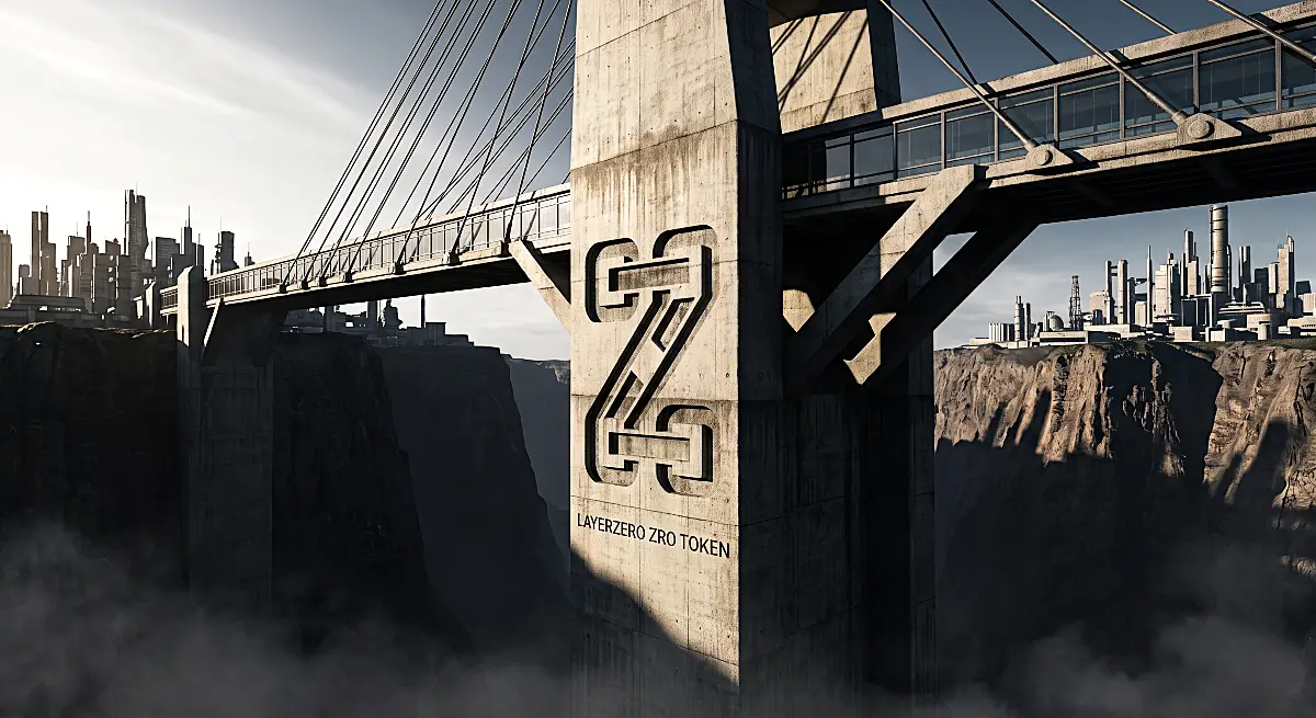 LayerZero ZRO emblem on a concrete suspension bridge linking two futuristic cities across a deep canyon.