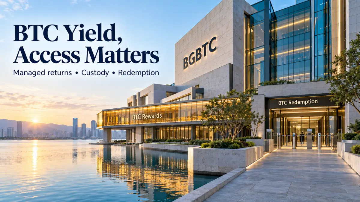 BGBTC Review illustration showing separate BTC rewards and redemption entrances beside a waterfront building