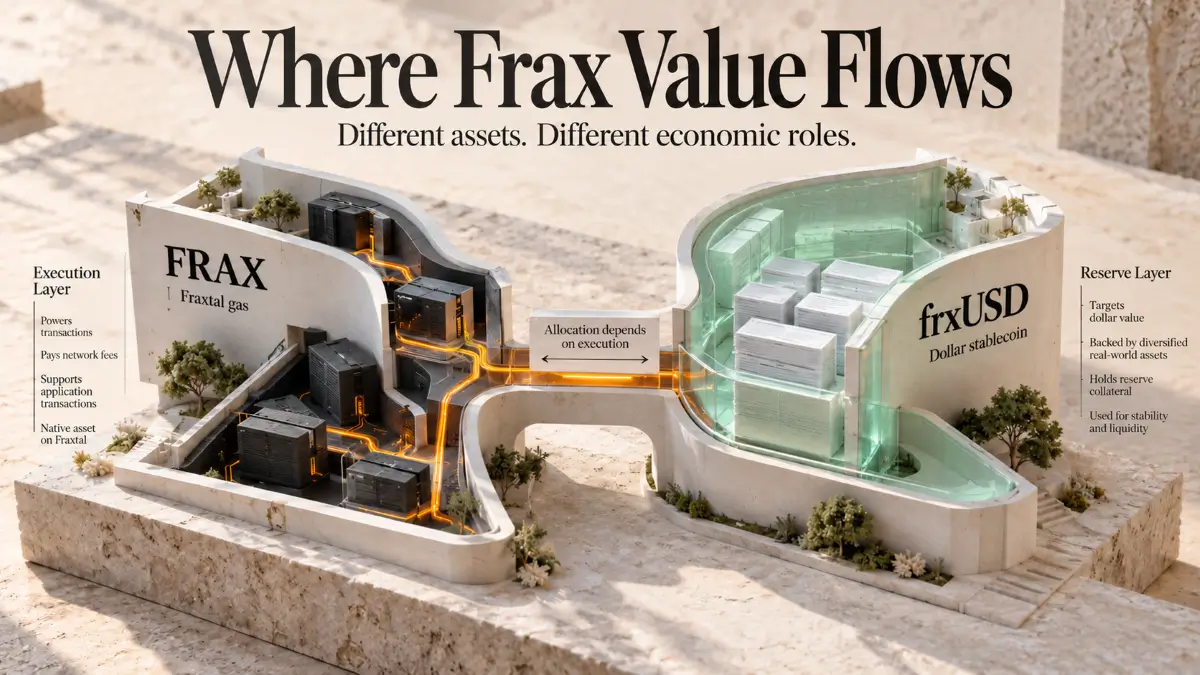 Frax Review illustration separating FRAX gas utility from frxUSD reserves in an architectural model