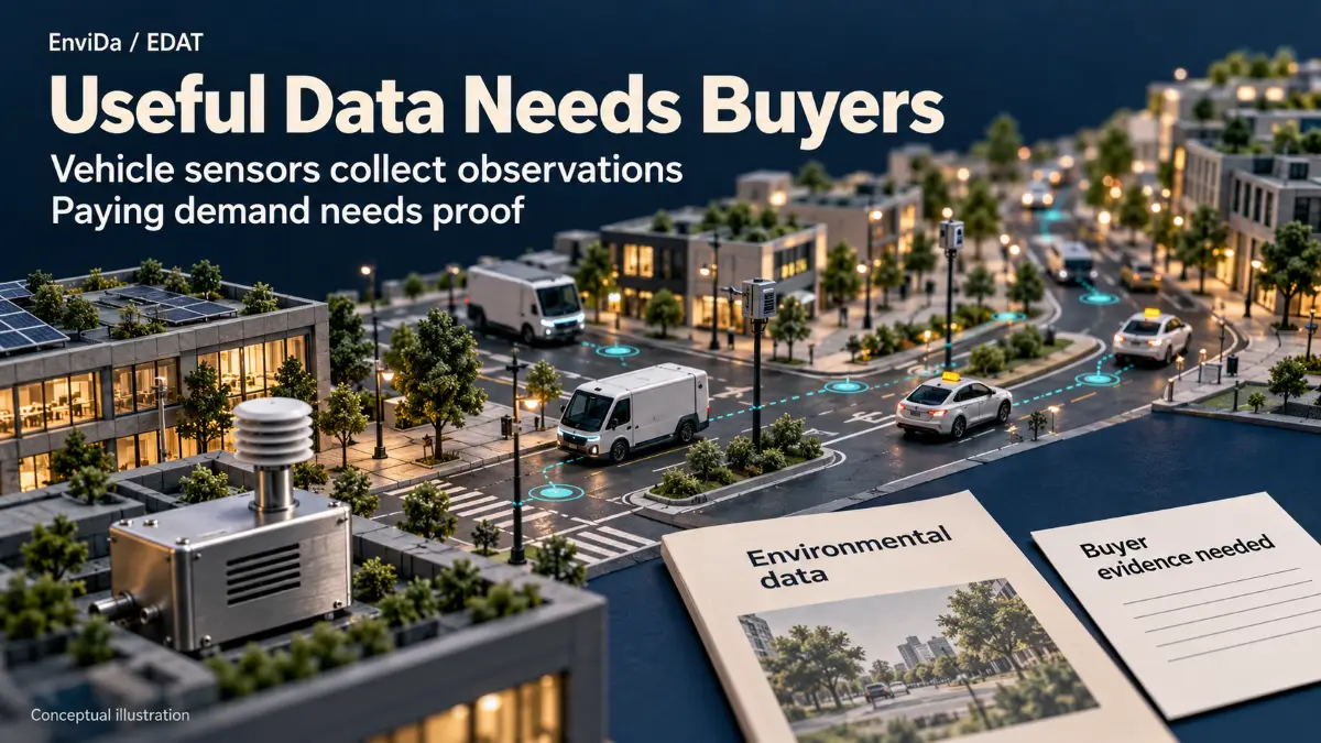 EnviDa review illustration showing vehicle routes, environmental sensors and documents highlighting the need for paying buyers