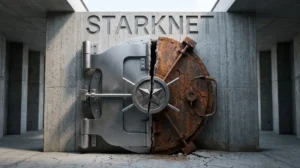 Starknet Token Review visualizes scaling genius versus supply trap mechanisms using a fractured bank vault embedded with the protocol emblem.