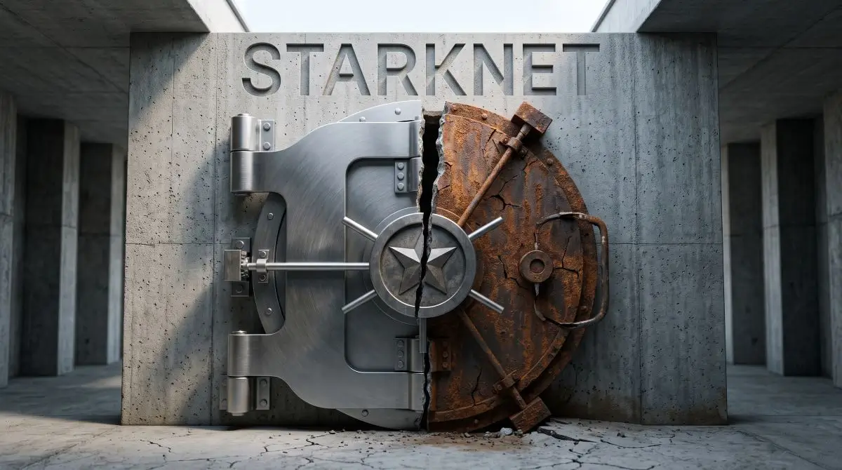 Starknet Token Review visualizes scaling genius versus supply trap mechanisms using a fractured bank vault embedded with the protocol emblem.