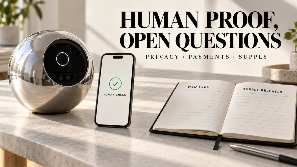 World WLD Review cover showing an Orb device, human check screen and notes on fees and supply