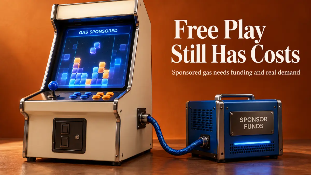 Immutable IMX Review cover showing a gas-sponsored arcade connected by a blue cable to a separate sponsor funding unit