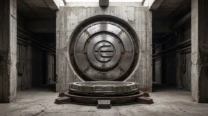 Weathered metal World logo mounted on a circular vault door inside a concrete industrial chamber.