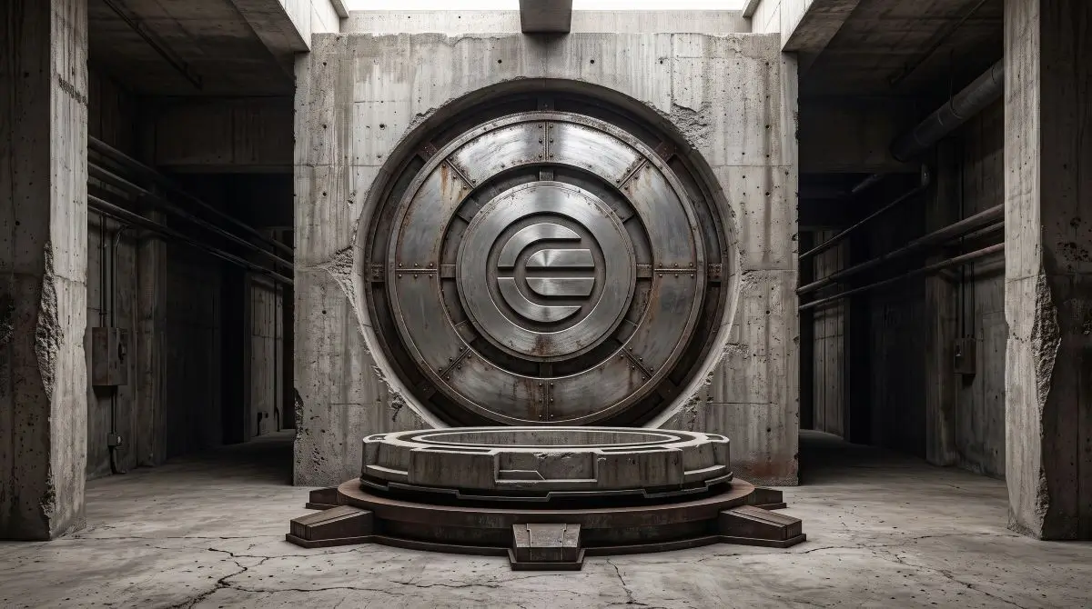 Weathered metal World logo mounted on a circular vault door inside a concrete industrial chamber.