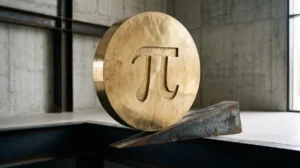 Pi Network Review visualized by a heavy brass monolith precariously balanced on a sharp steel wedge, representing the fragile ecosystem growth built over severe financial traps.