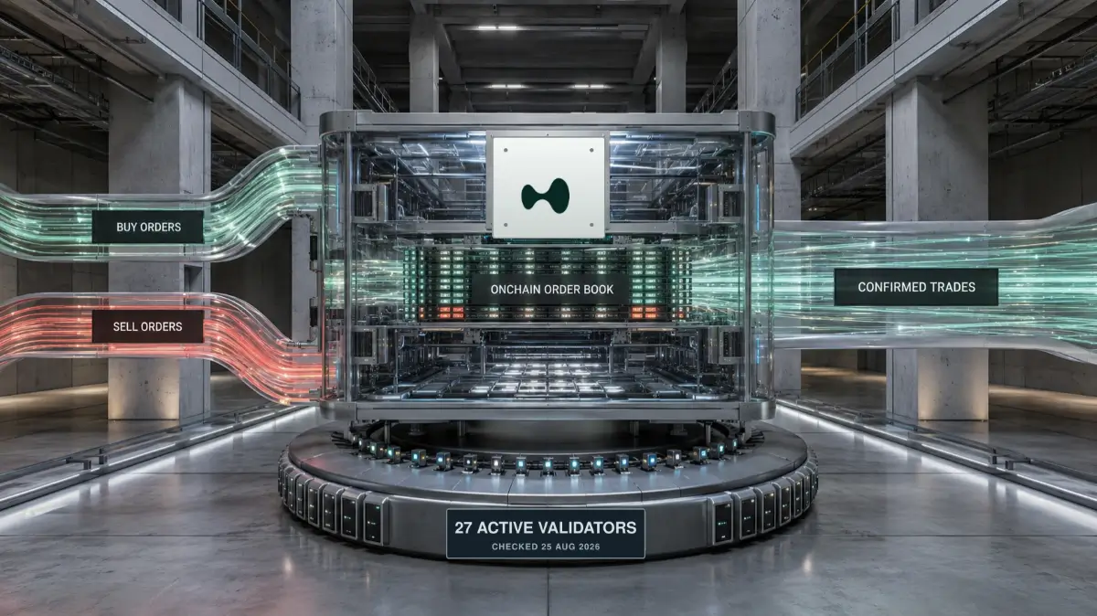Hyperliquid Review onchain order-book chamber matching buy and sell orders into confirmed trades above 27 active validators checked on 25 August 2026.