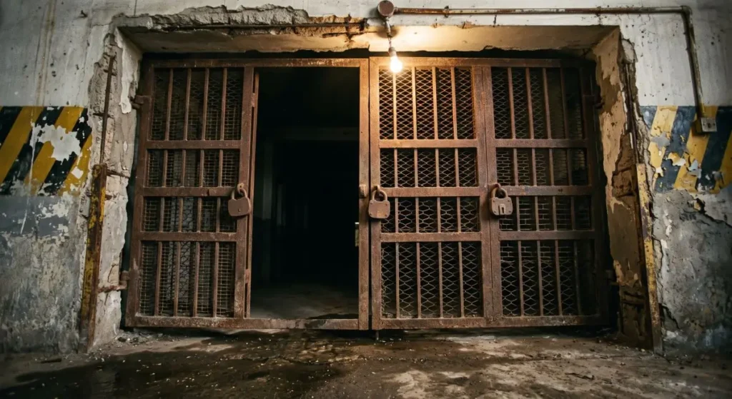 Closed iron gates symbolizing unverified smart contract code and severe transparency gaps in centralized infrastructure.