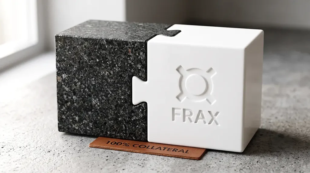Interlocking dark granite stone and white ceramic block featuring the Frax protocol logo, illustrating the security model behind the Frax Crypto Token.